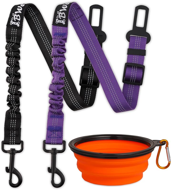 Cinto de Segurança para Cães IBWell com Guia Elástica Ajustável Preto e Roxo, Conjunto com 3 Peças