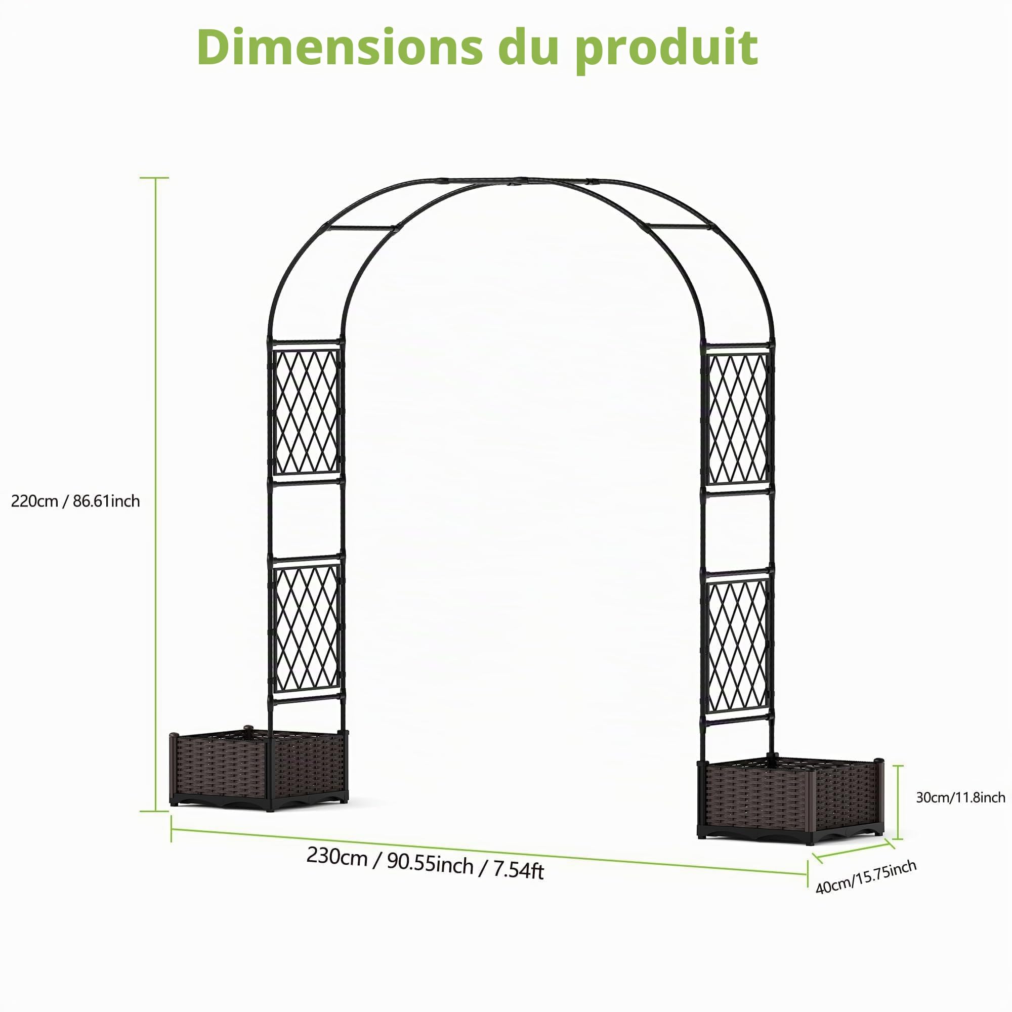 Arche Dôme avec Bac De Plantation Et Paravent, Fer + PE, Support pour Plantes Grimpantes, Décoration Jardin Extérieur Anticorrosion, 230x40x220 cm