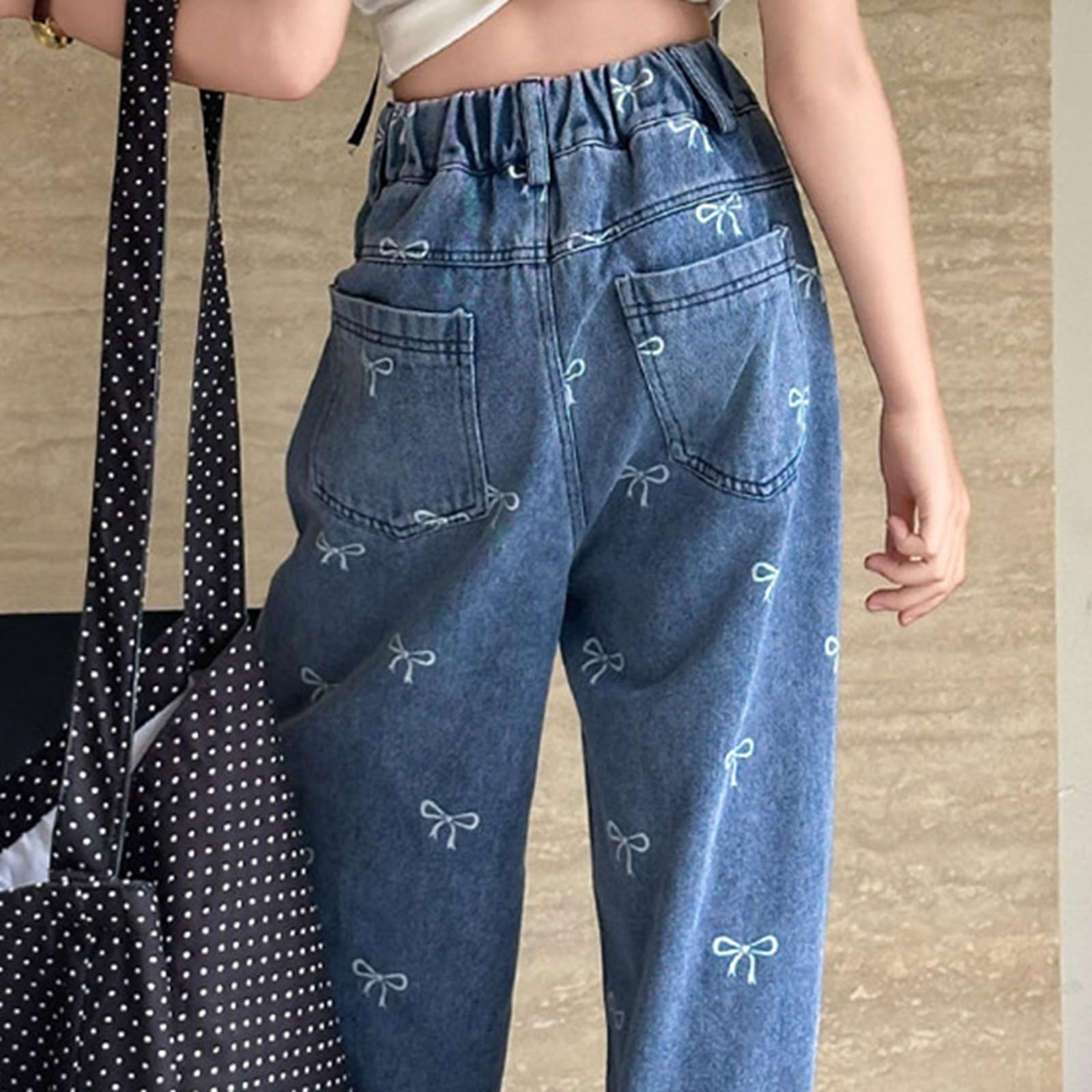 Pantaloni Outdoor Per Ragazze Ragazze Moda Personalità Pantaloni Elastico Vita Larga Gamba Jeans Stampa Fiocco Casual Demin Pantaloni Con Tasche S Ragazza Pantaloni 98