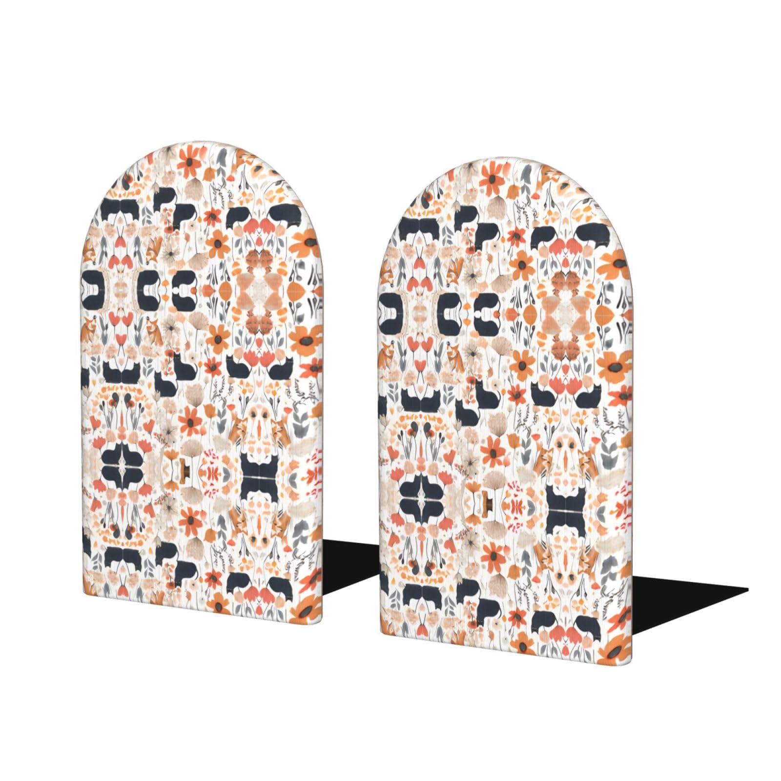 Funny Cats Birds and Flowers Stylish Bookends with Full-Print Design Durable Wooden and Metal Bookend Set for Home, Office