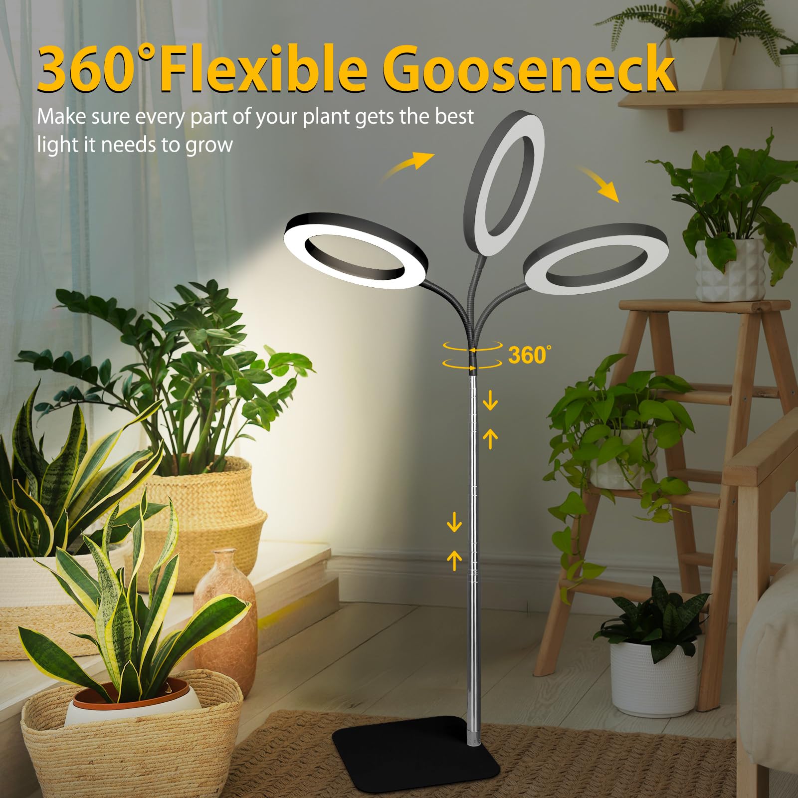 iTayga Pflanzenleuchte LED Vollspektrum, 72 LEDs Pflanzenlicht für Zimmerpflanzen mit Sockel, 3 Farbmodi, 3H/9H/12H Timer, 10 Helligkeitsstufen, 40-170cm Höhenverstellbar – Schwarz Grow Lampe
