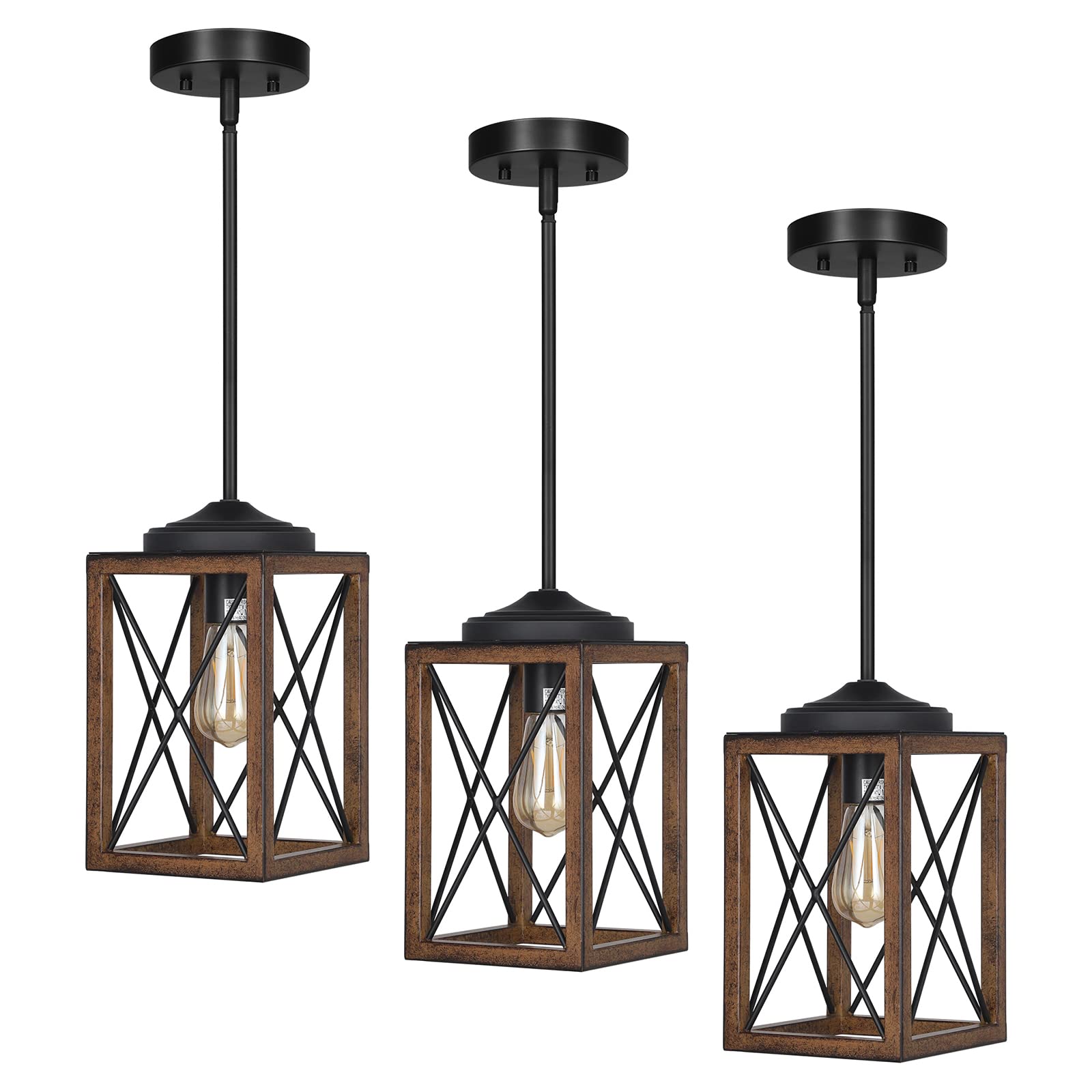 Farmhouse Pendant Light, Metal Hanging Light Fixture with Wooden Grain Finish, 48 Inch main image 0