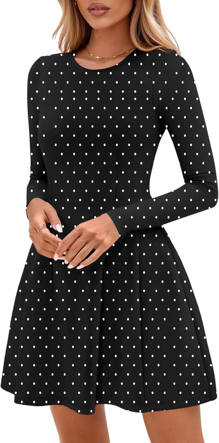 PRETTYGARDEN Long Sleeve Mini Dress for Women 2026 Spring Crewneck Knit Pleated Babydoll A Line Casual Short Party Dresses - Image 7