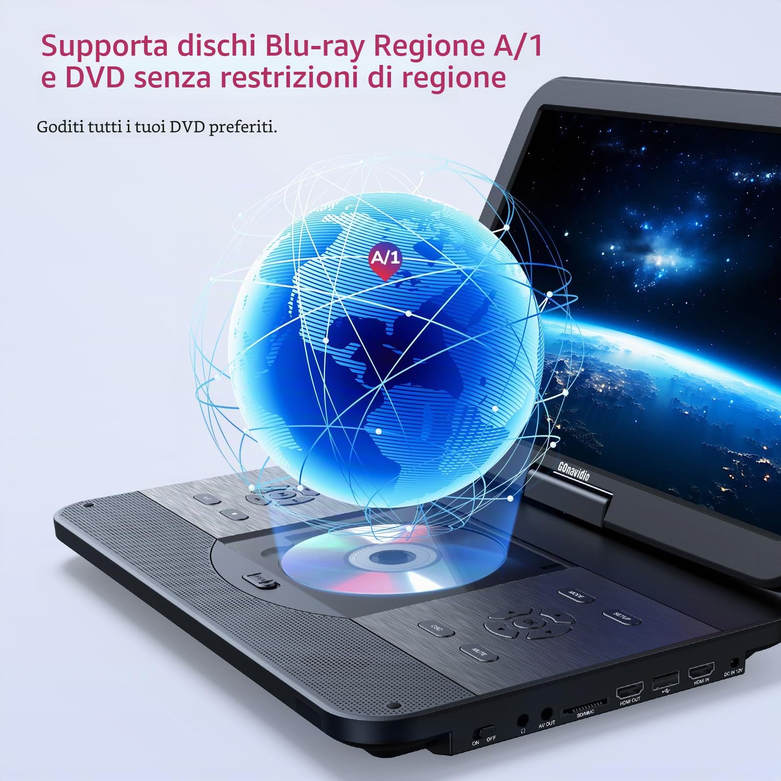 Lettore DVD Blu-ray portatile 17,6 pollici, schermo 15,4 pollici, HDMI, sincronizzazione, 5 ore, MP4 MKV 1080P, surround, USB SD