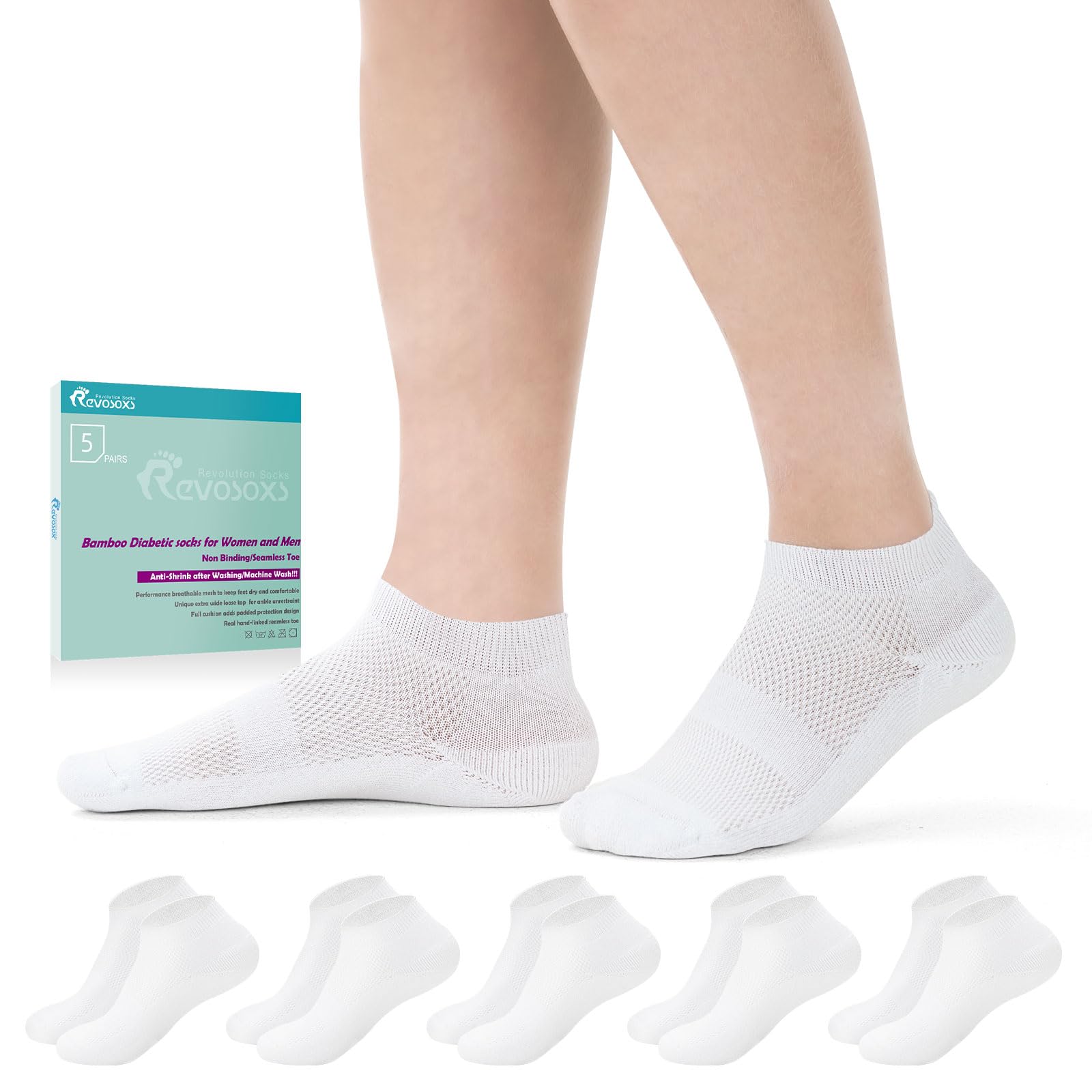 Revosoxs Diabetic Bamboo Socks for Men and Women,5 Pairs Non-Binding Low Cut Diabetic Socks,Loose Socks Size 7-9 9-11