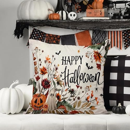Miniatura 3 de RABUSOFA Fundas de almohada de Halloween de 18 x 18 pulgadas, calabaza, fantasma, murciélago, almohada decorativa de flores silvestres de terror,