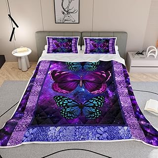 MILANKET Butterfly Quilt Sets Queen Size Dark Neon Purple Butterfly Coverlet Set for Butterfly Lovers 3 Pieces Butterfly Comforter Coverlet Set for Girls Women 1 Bedspread and 2 Pillowcases