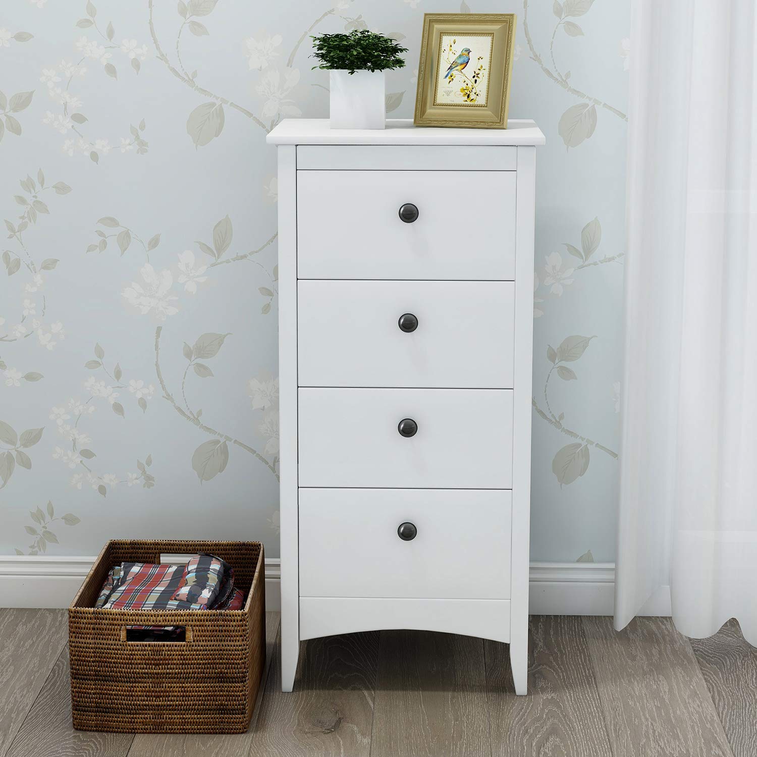 HomVent 4 Drawers Bedside Table Chest of Drawers Cabinet Wooden Storage Cabinet for Bedroom Livingroom Hollway, White
