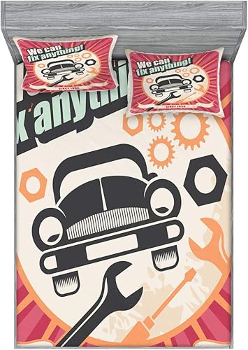 Lunarable Juego de sábanas y fundas de almohada de los años 50, póster retro de servicio automático, diseño mecánico de transporte mecánico, juego