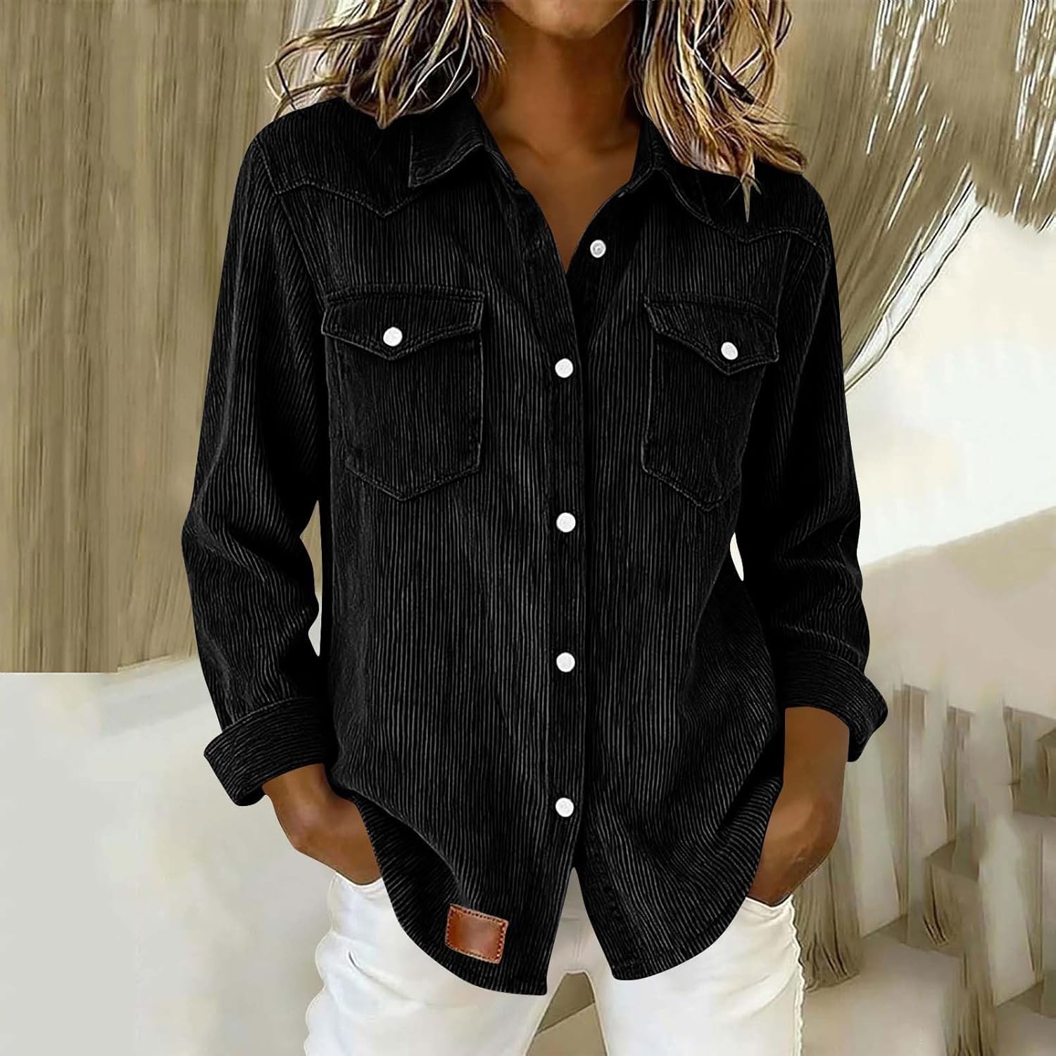 Women's Corduroy Button Down Shirts Long Sleeve Lapel Collared Blouses Tops Plus Size Casual Winte Jackets Shackets - Image 2