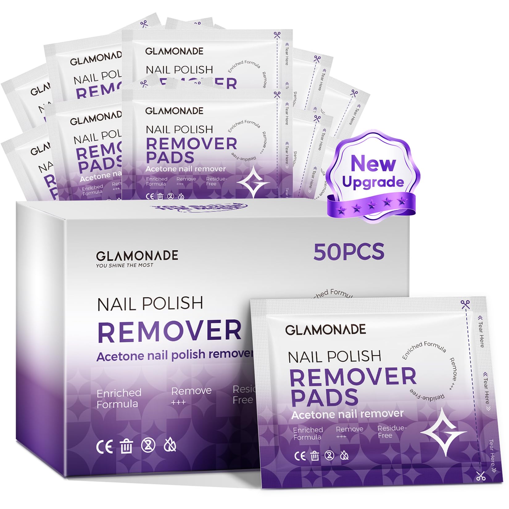 Glamonade Nail Polish Remover Pads Acetone Nail Polish Remover Wipes 50 PCS Professional Individually Wrapped Wet Wipes Rapidly