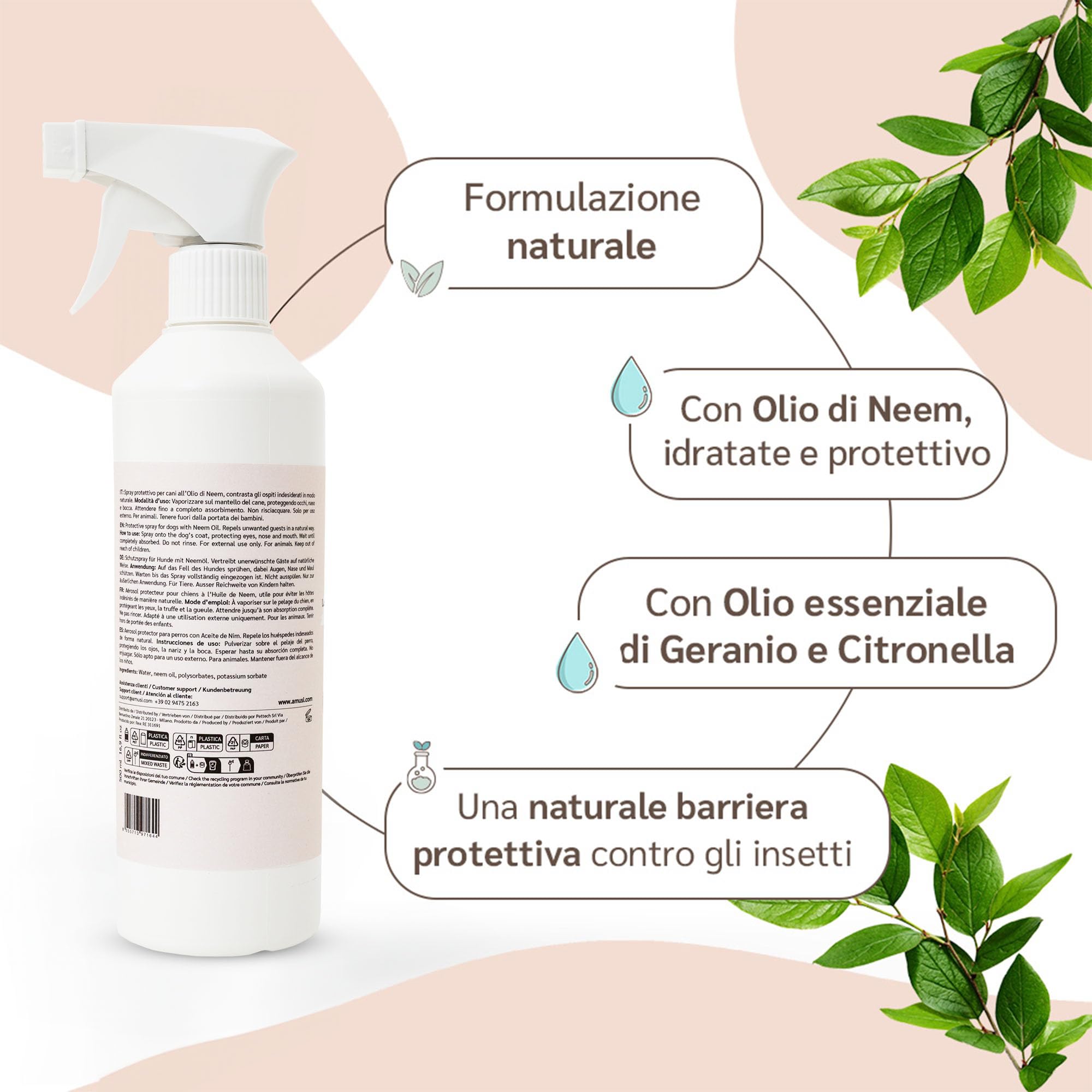 amusi Olio di Neem per Cani - 500 ml - Spray per cani - Protezione naturale - Spray contro zecche mosche acari pidocchi - Repellente zecche per cani - Olio neem cane 100% naturale