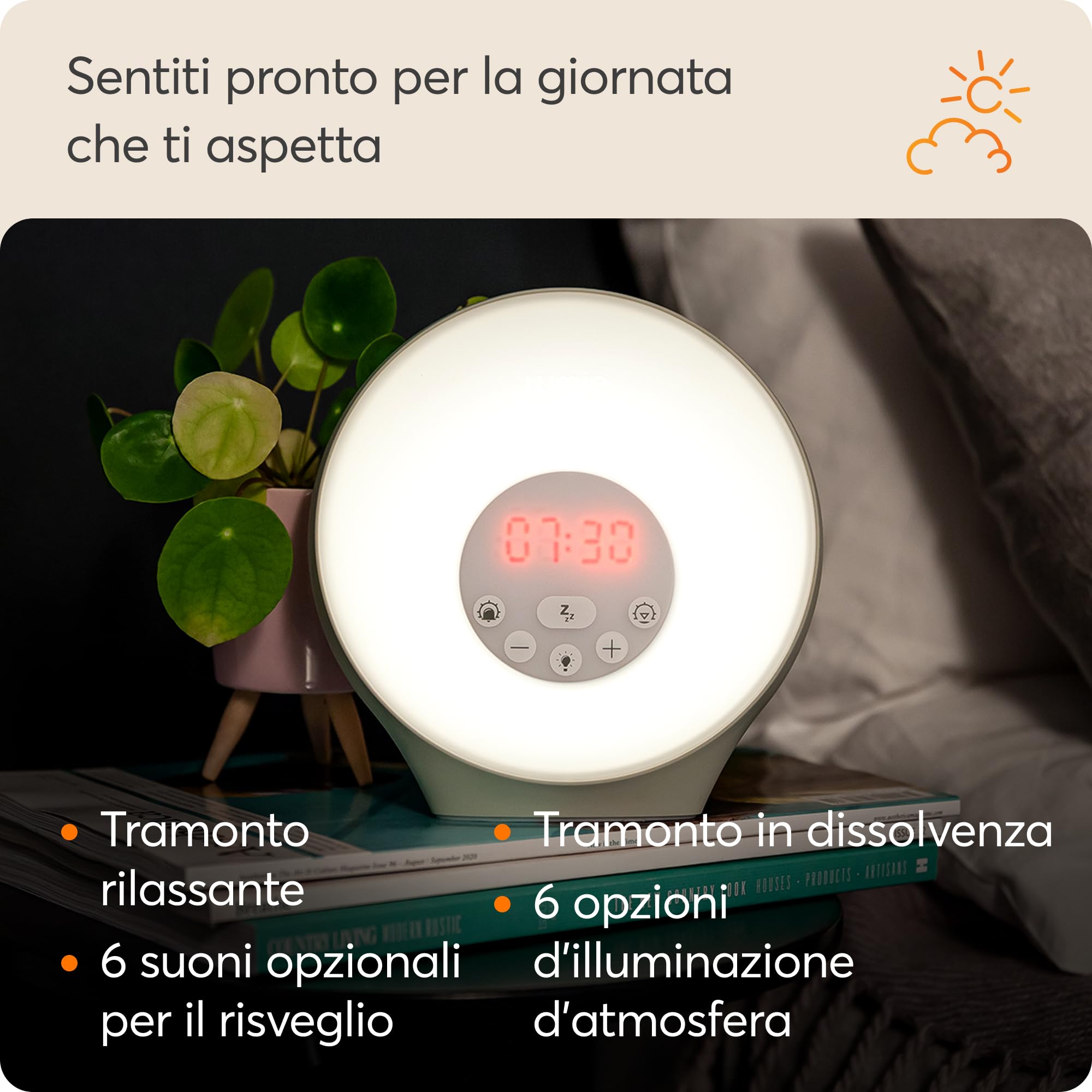 Lumie Sunrise - Sveglia con effetto tramonto e tramonto, sveglia, suoni e luce d'atmosfera