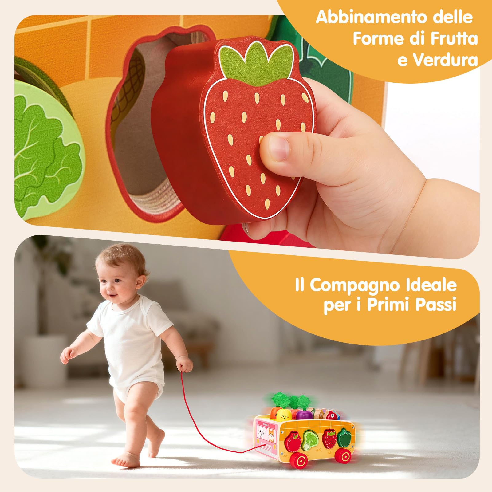 hahaland Giochi Montessori in Legno 1 2 3 Anni, 7 attività Educative con Pesca Magnetica, Motricità Fine e Carrellino Trainabile, Regalo per Bambini Bambina 18 Mesi