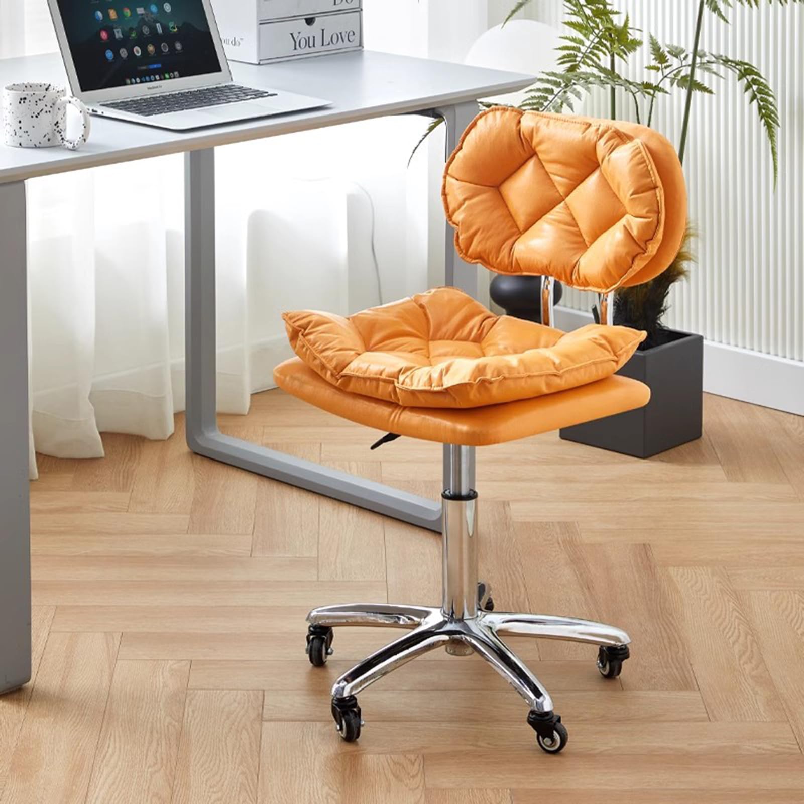 Sgabello da ufficio con ruote, sedia girevole in pelle PU, regolabile in altezza, sgabello da salone e cucina, comodo con schienale