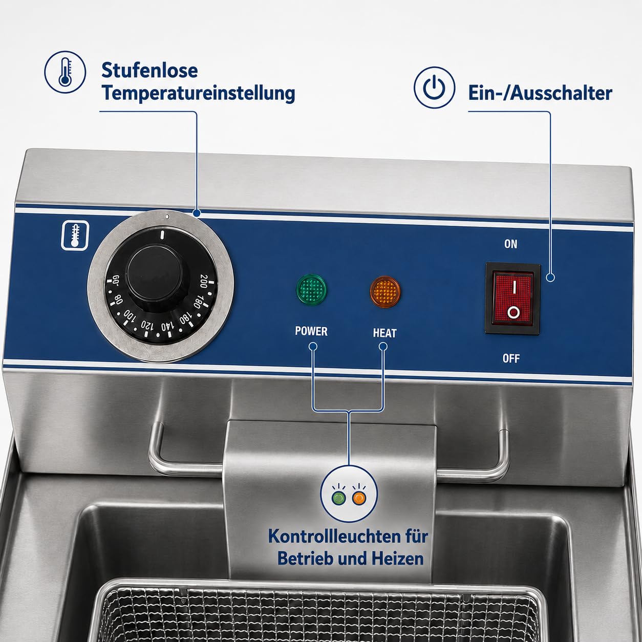 SARO Fritteuse aus Edelstahl – 13 L – Mit Ablasshahn - Abgerundetes Becken mit Kältezone – Stufenlose Temperaturregelung – Herausnehmbares Heizelement – 0–180 °C – 3,3 kW – Modell FT 13