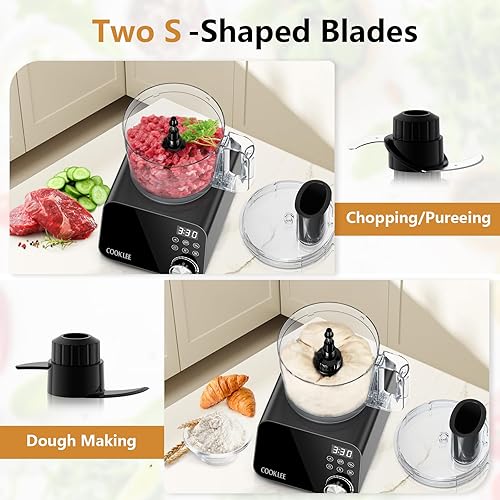 Miniatura 4 de COOKLEE Procesador de alimentos, 600 vatios, 6 funciones, picador eléctrico de verduras para picar, picar, cortar en cubitos, triturar, rebanar,