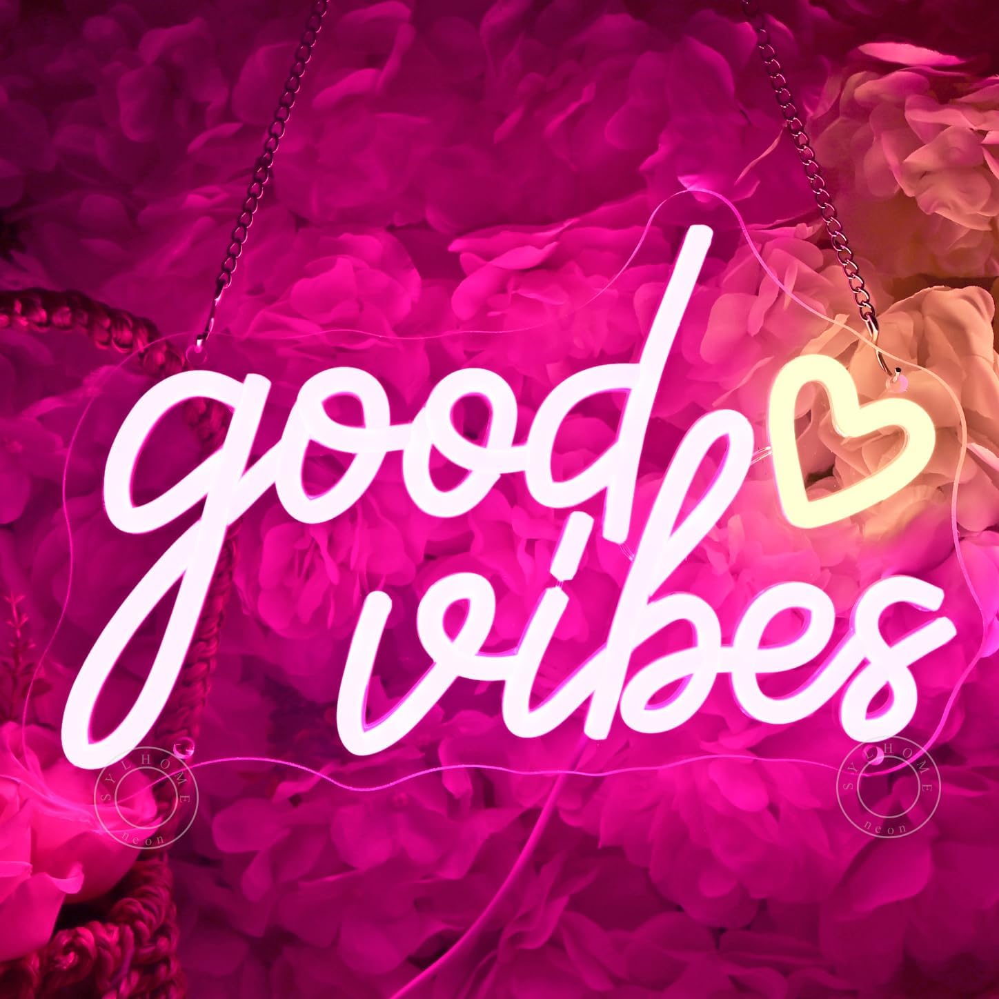SYLHOME Good Vibes Led Neon Light Sign Heart Bedroom Office Wall Decor Pink image 5
