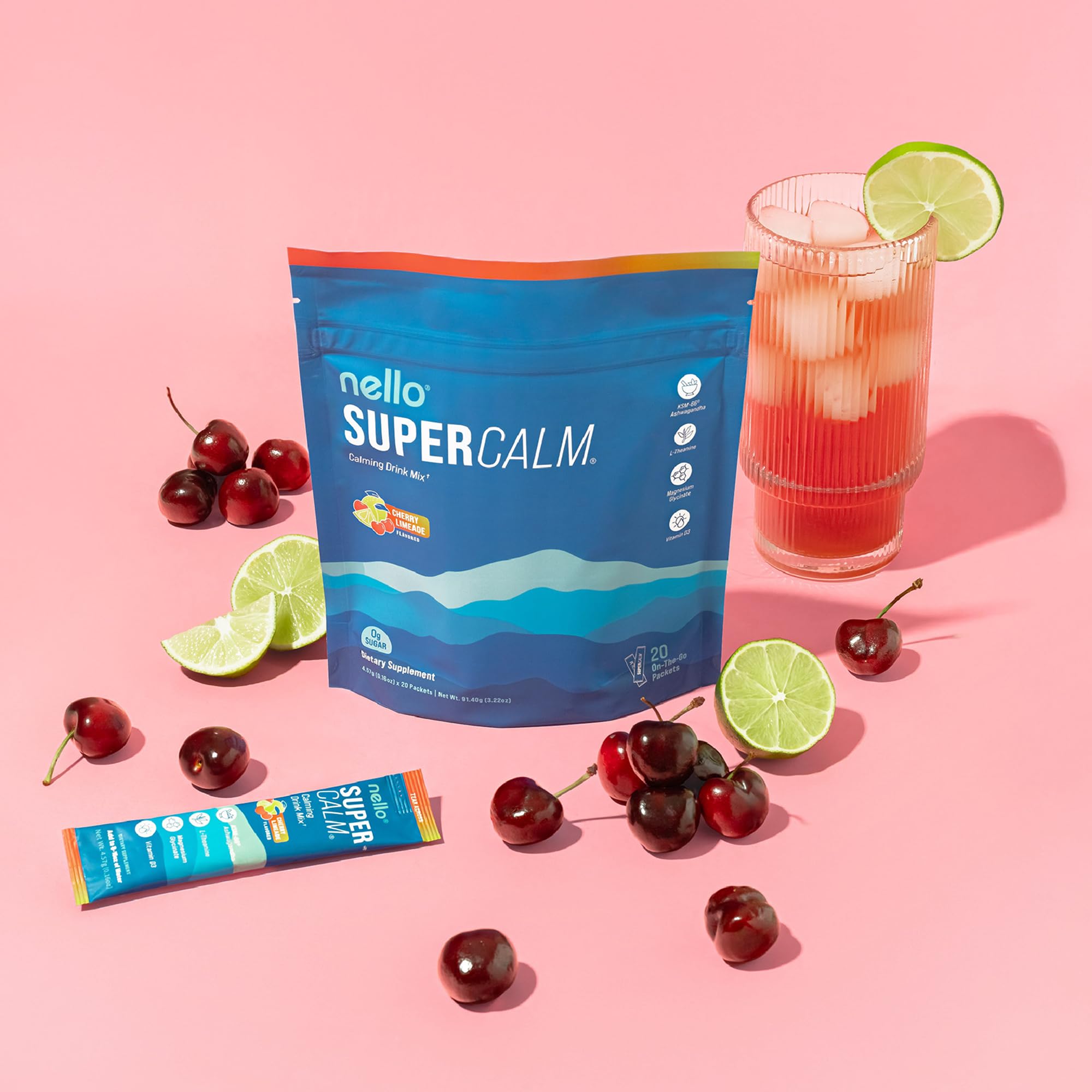Nello Supercalm Powdered Drink Mix, Cortisol Reducer* and Sleep Aid Supplement, L Theanine, Ksm-66 Ashwagandha, Magnesium Glycinate, Vitamin D 3, No Sugar, Non GMO, On The Go, 20 Ct, Cherry Limeade — Amazon image 4