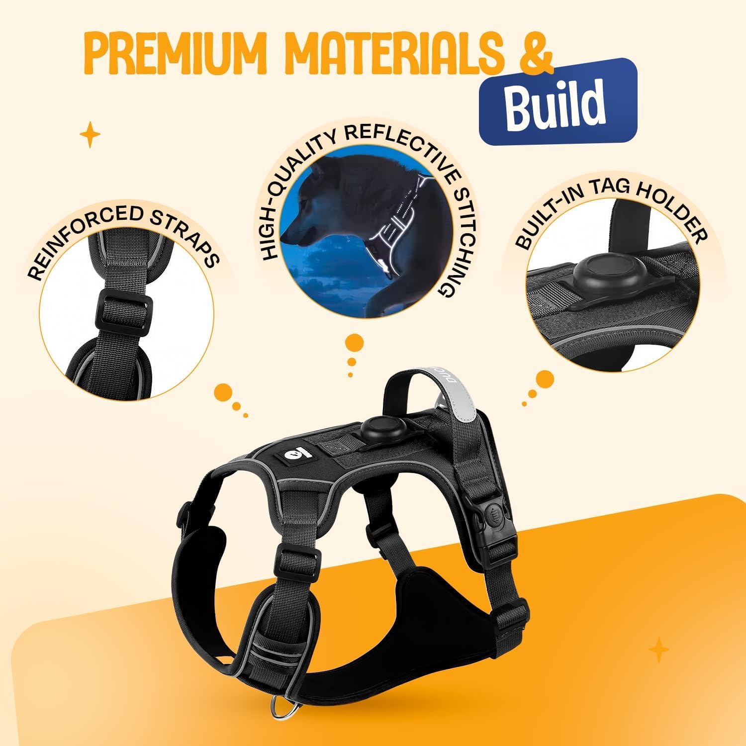 3-in-1 No Pull Dog Harness Safety Kit with Built-in Tracking Tag Holder (Tag Not Included) | Escape-Proof Nylon Harness with Light Reflect Stitching, Flex Belt & Clip-On Light for Night – (XL)
