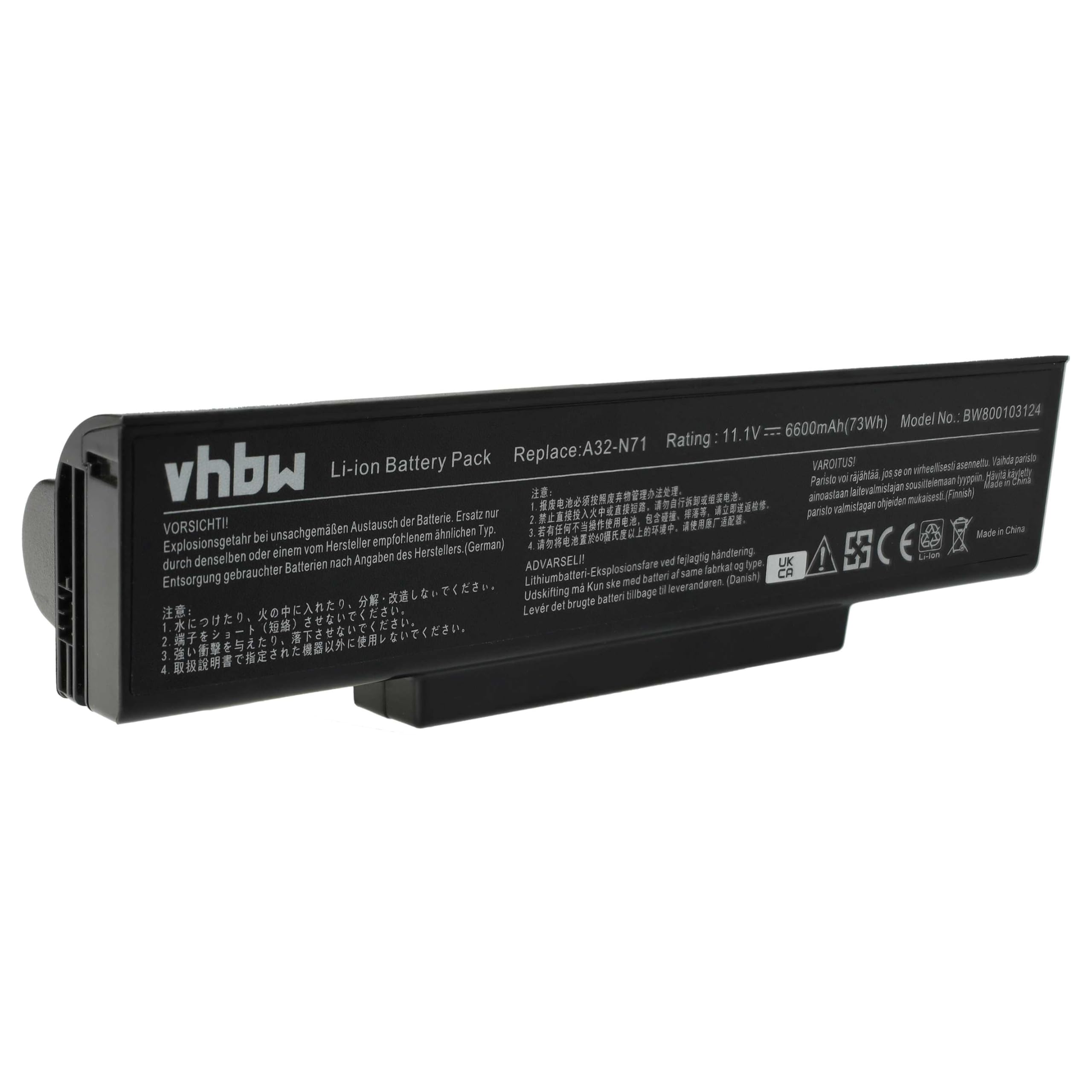 vhbw 1x Batterie Compatible avec ASUS A72, A72J, A72F, A72DR, A72D, K72D, K72, A72JR, A72JK, K72DR Ordinateur Portable (6600mAh, 11,1V, Li-ION