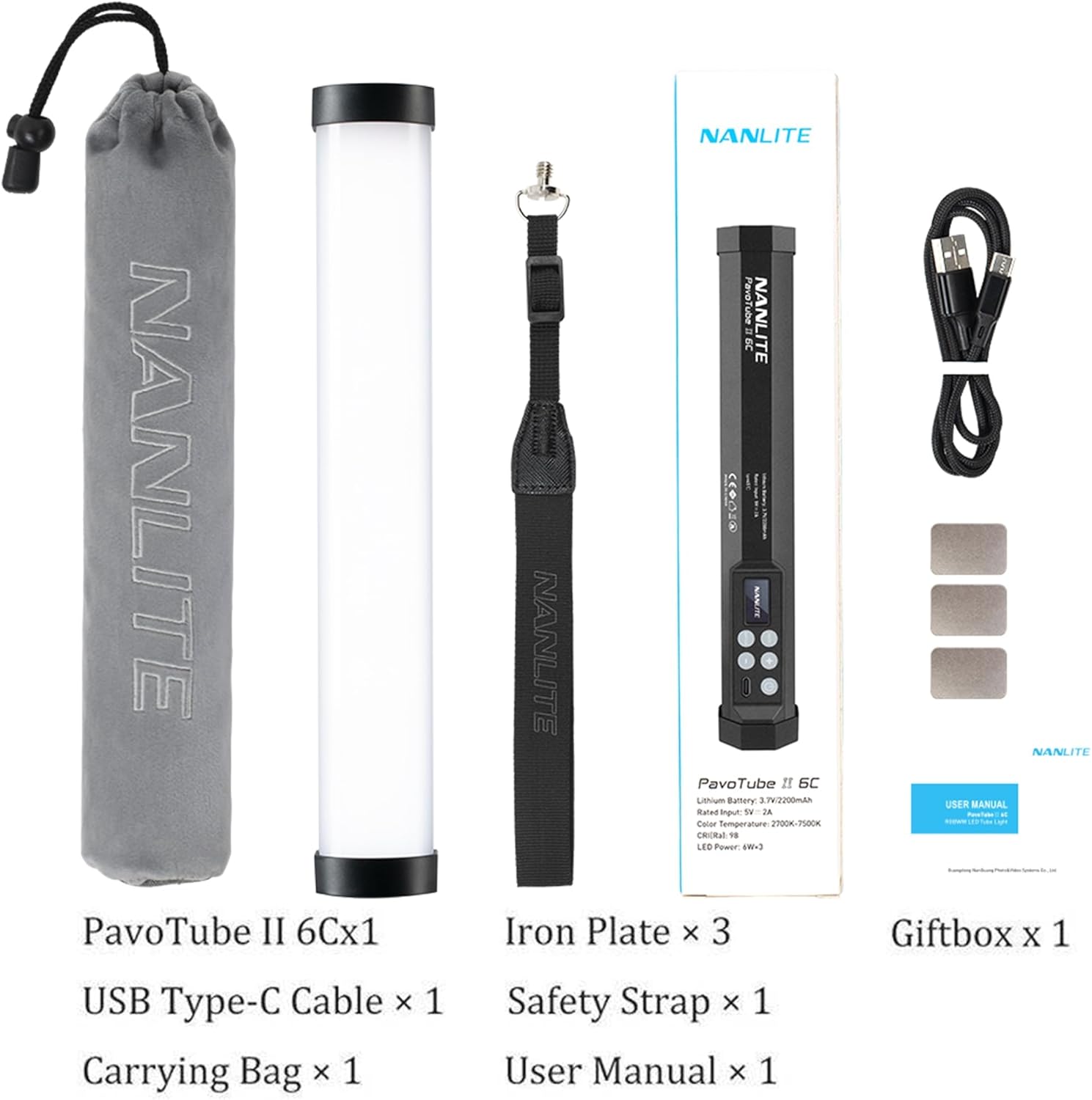 NANLITE PavoTube II 6C 10-Inch RGBWW LED Tube Light, 2700K-7500K Bi-Color, 360° Full Spectrum, CRI 98+, Built-in Battery & App Control, Compact Video Light for Photography, Filmmaking