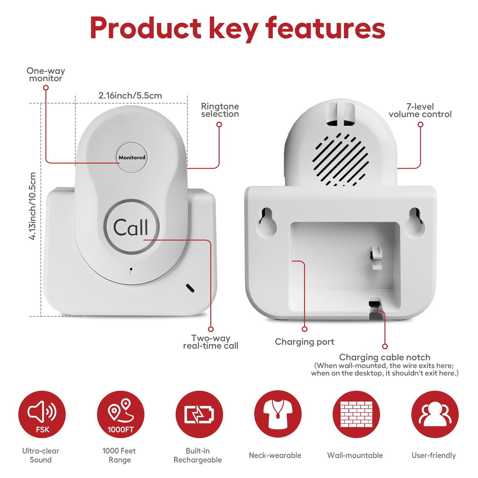 Hosmart Intercoms Wireless for Home, 2024 New Rechargeable Full Duplex Caregiver Pager for Elderly Senior, Two-Way Real-time Talk, Portable Personal Alert, Call/Monitor Button for Home Safety