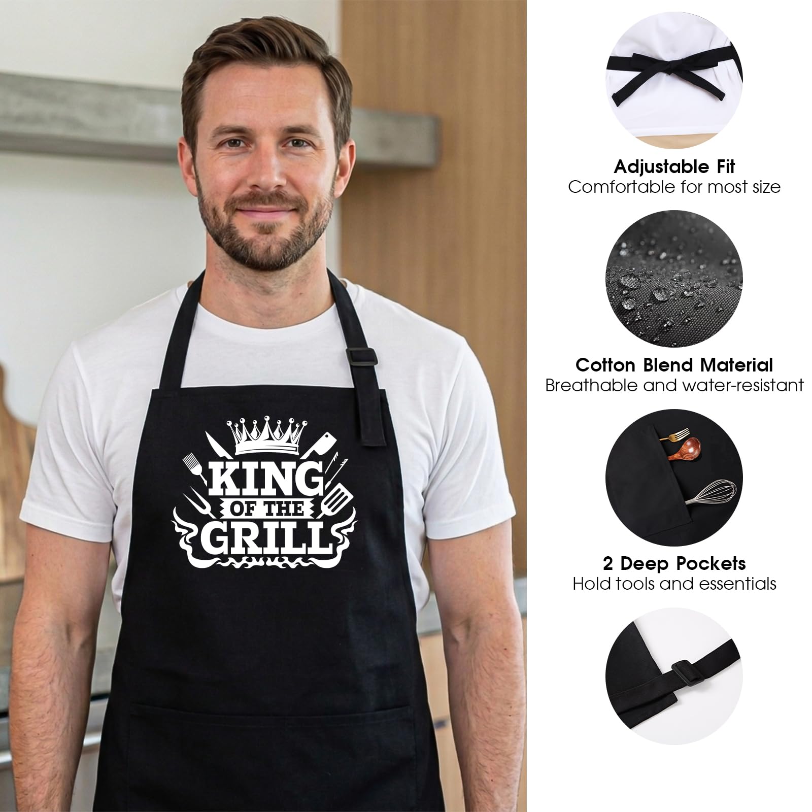 APRONPANDA King of The Grill Tablier de barbecue pour homme avec poches, cadeau de fête des pères pour homme, papa, mari, tablier de chef de cuisine professionnel en coton pour cuisine, pâtisserie