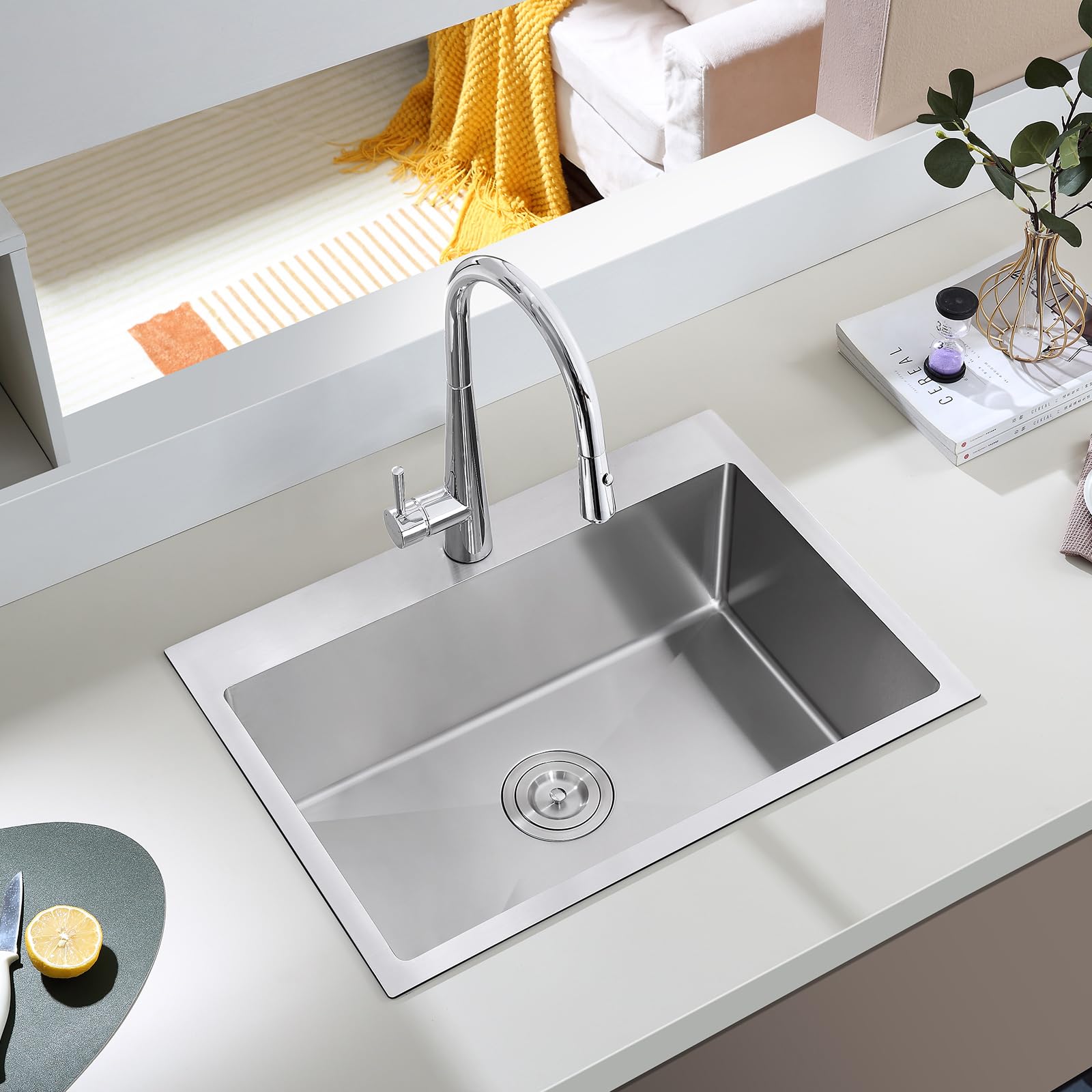 26 inch Kitchen Sink Single Bowl - 304 Stainless Steel Drop in Bar Sink Handmade with Basket Strainer, TopMount Modern Sinks with Centered Drain, 26×18×9 inch