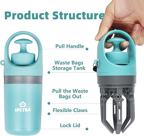 Miniatura 5 de Mini palas portátiles para excrementos con dispensador de bolsas de excremento integrado 3 en 1, agarrador de garras de excremento ligero para