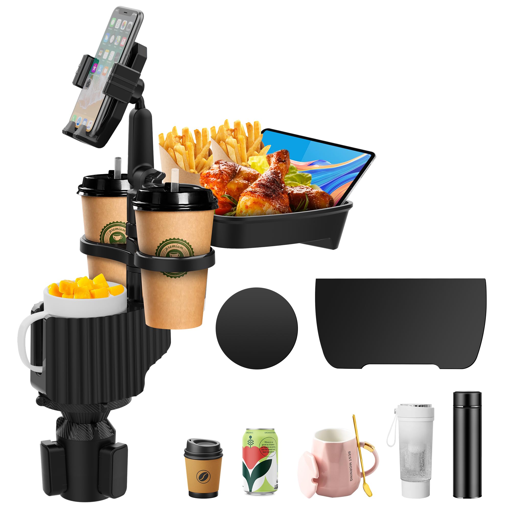 Car Cup Holder Extender Tray，5-in-1 Removable Car Food Tray，Three Cup Holders and Width Adjustable Swivel Phone Holder ，Additional widening Pads Make it Suitable for Most car Models.