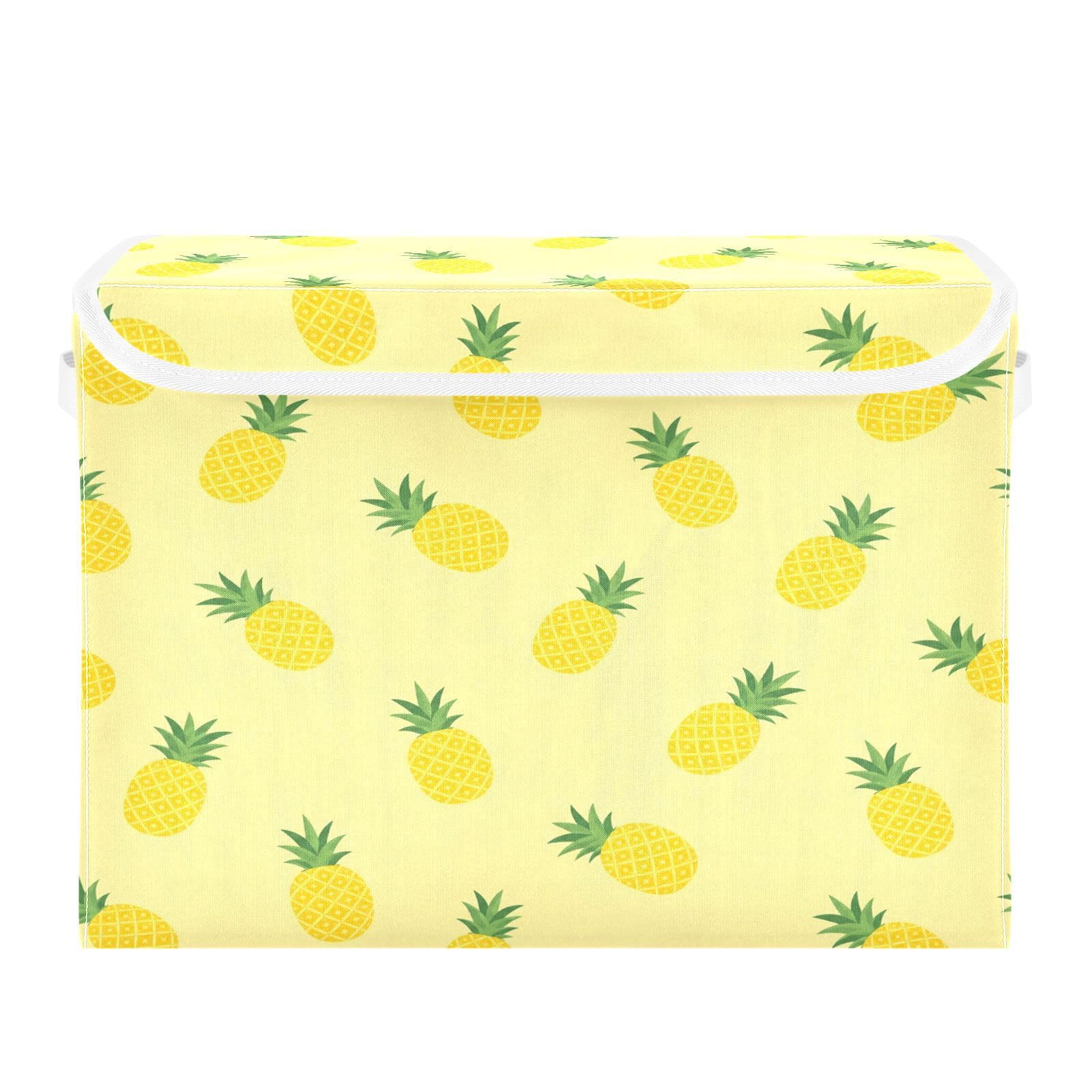 Ewusp Pineapple Fabric Storage Bin with Lid, Decorative Foldable Storage Basket with Handles, Stackable Closet Shelf Organiser Box for Clothes, Books, Bedroom, Living Room
