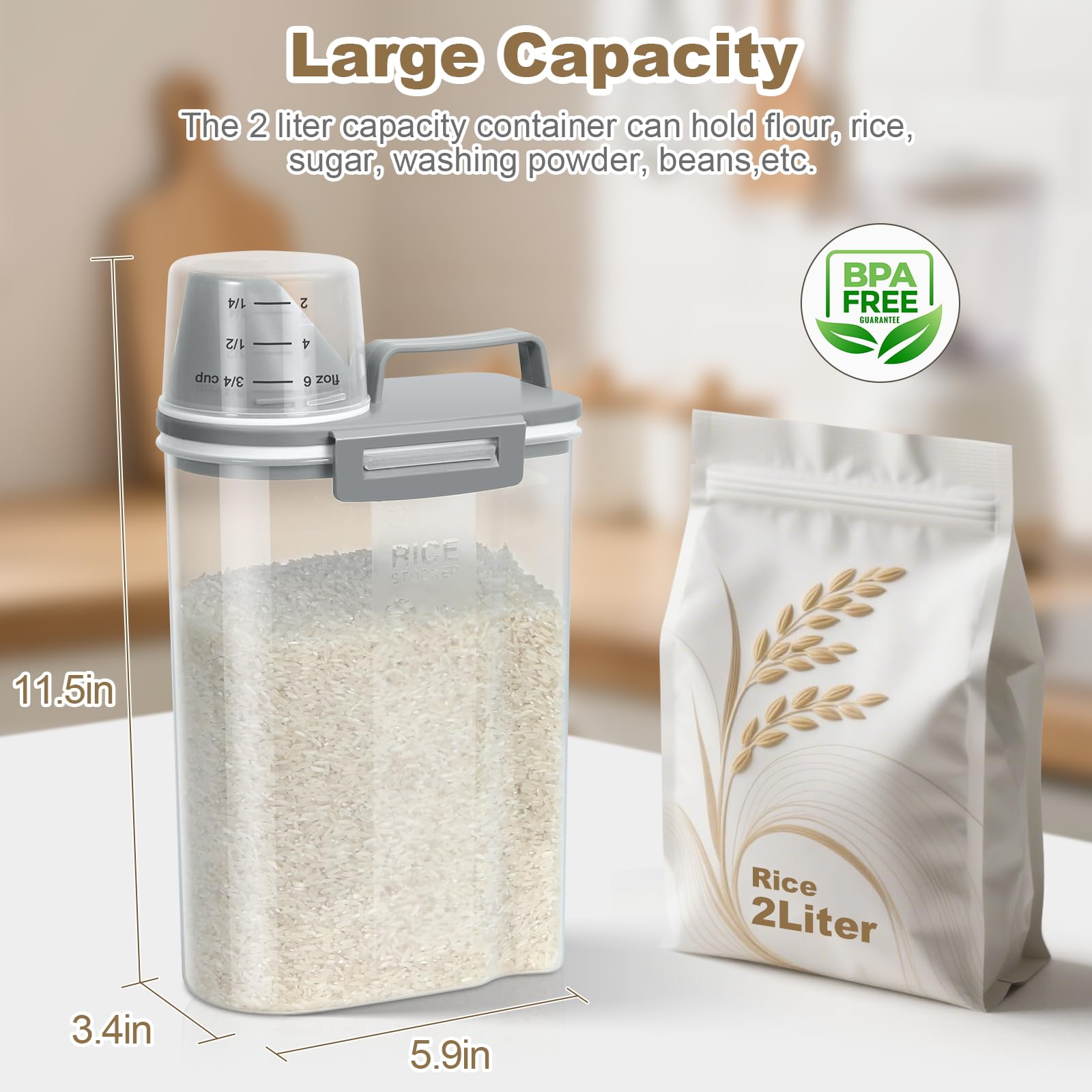 TBMax Contenitore per riso da 2 l/5 l, piccolo contenitore per alimenti per fagioli, farina, detersivo in polvere, contenitore portatile per cereali con coperchio (2 l, grigio chiaro)