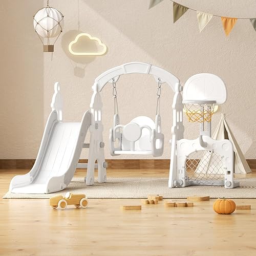 Miniatura 12 de YUFU - Juego de tobogán y columpio 5 en 1 para niños pequeños, tobogán con escalador, columpio, aro de baloncesto, arco de fútbol, juego de juego