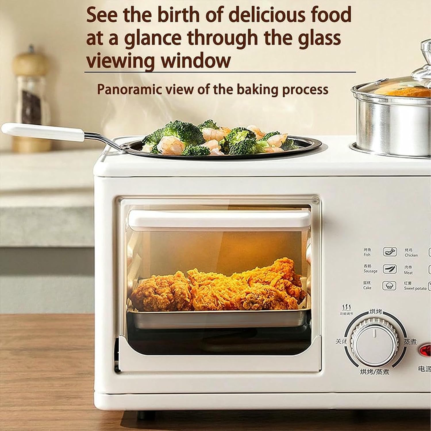 4-in-1 Breakfast Maker Station, 8L Electric Breakfast Machine with Oven, Frying Pan and Steamer, 0-60Min Timer Knob, S-Type Double Heating Tube, 1200W Breakfast Egg Sandwich Maker for Home