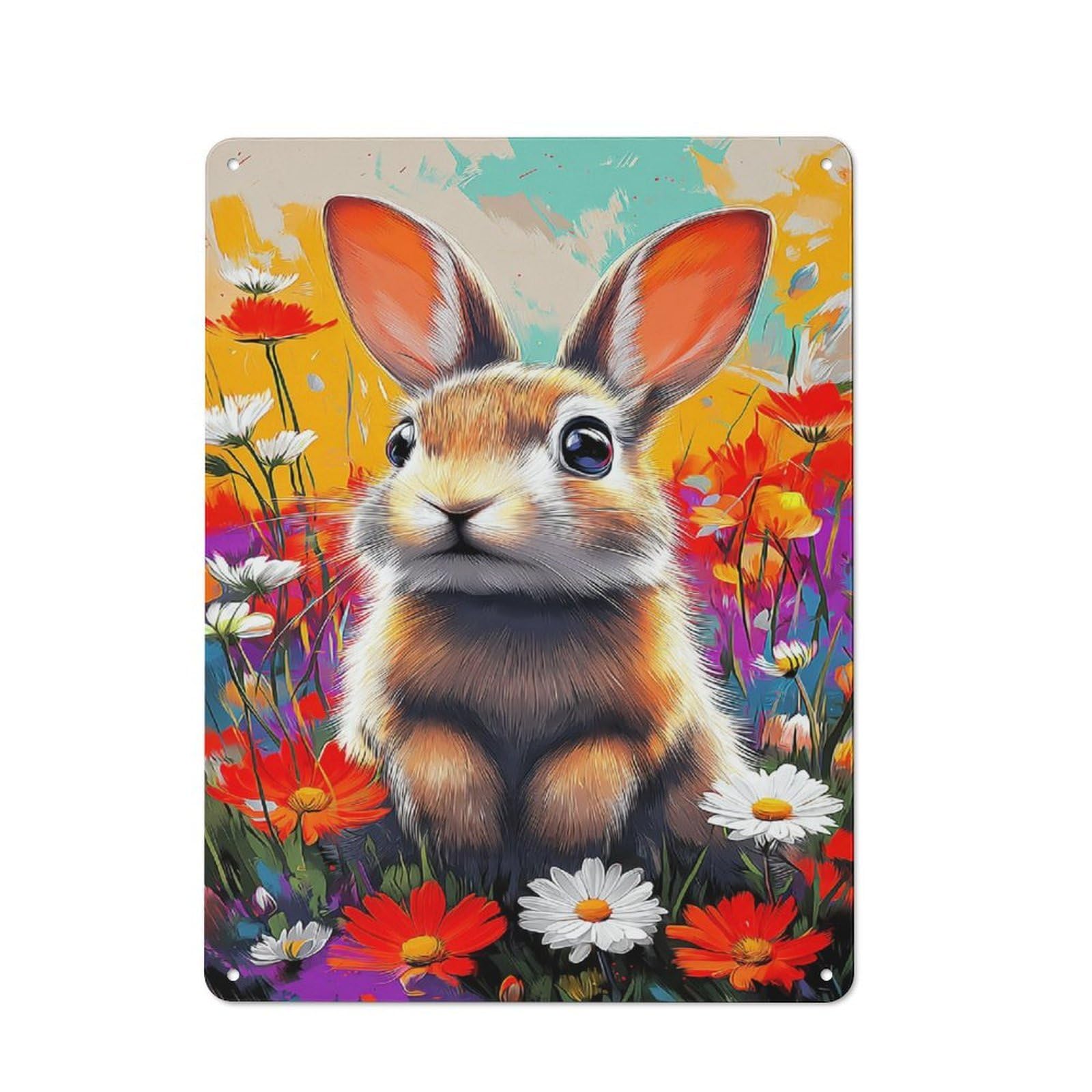 Junmoney Colorful Bunny In Flowers -2 Retro Metal Wall Sign 40X30cm For Café Or Home Bar, For Home Bar Enthusiasts, For Retro Home Interiors