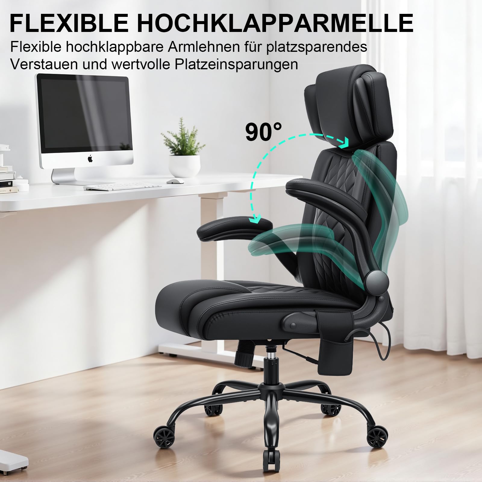 HOFFREE Bürostuhl Ergonomischer mit Lendenstütze PU-Leder Chefsessel 200kg mit Hochklappbare Armlehnen Hoher Rückenlehne Computerstuhl,Verstellbare Kopfstütze,Schwarz