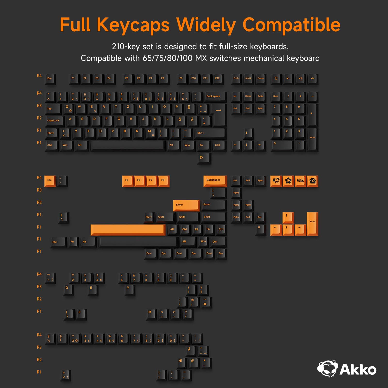 AKKO 210 Key ISO Keycaps PBT Double Shot Cherry Profil Orange Schwarz
