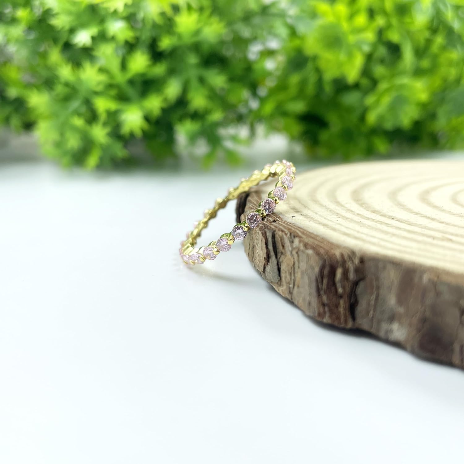 Round Cut Pink Sapphire Shared Prong Full Eternity Ring For Women, 14K Gold Plated 925 Silver September Birthstone Pink Sapphire Full Eternity Wedding Anniversary Matching Band