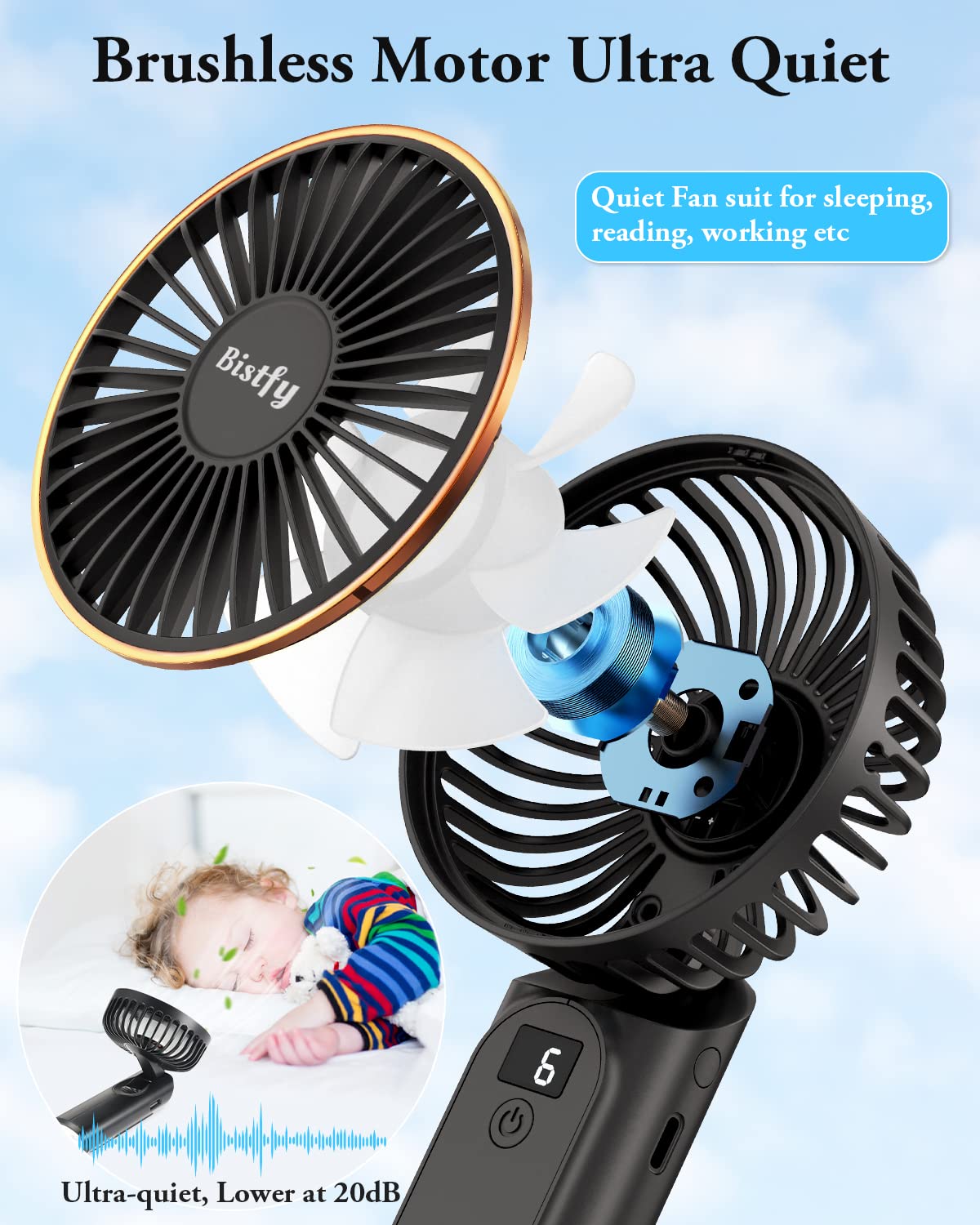 Bistfy Ventilatore Portatile 5200mAh Ultra Silenzioso 6 Velocità USB C Mini Ventilatori da Tavolo con LCD Display, 180° Pieghevole con Cordino come Ventilatore da Collo e Powerbank