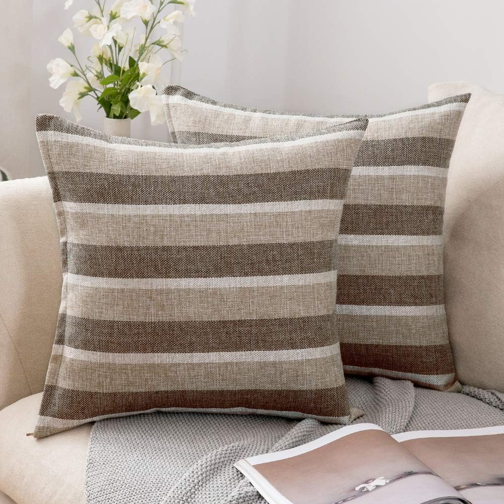 MIULEE Decorative Striped Throw Pillows Covers Classic Retro Linen Modern Farmhouse Pillow Cases for Couch Living Room Sofa Set of 2, 20x20 Inch Khaki