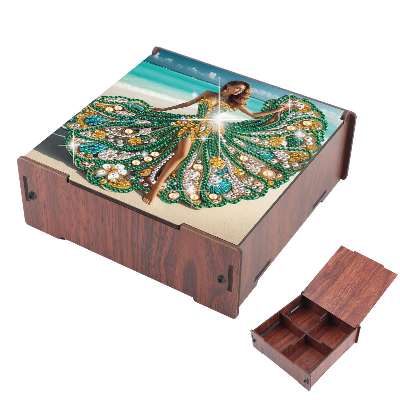 DIY Diamond Art Storage Box, Beach Lady Design Wooden Diamond Painting Organizer with Flip-Top Lid and 4 Compartments, for Craft, Jewelry, and Desktop Storage, Table Decoration Gift Accessories