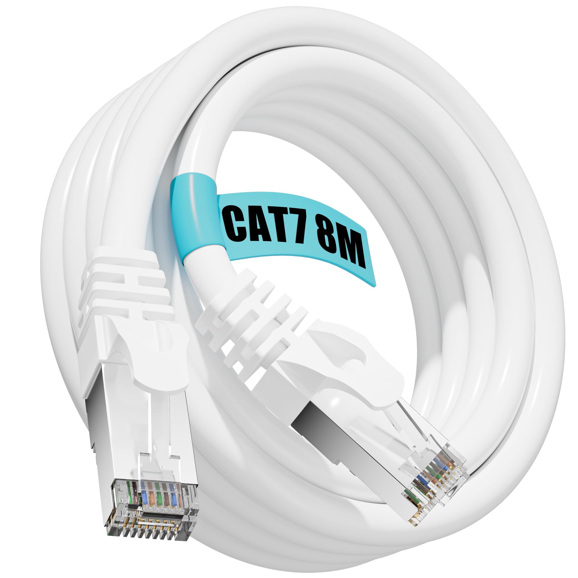 Soibke Cable Ethernet 8 Metros, Cable de Red Cat 7 Blindado S/FTP Gigabit Cables RJ45 24AWG Cables LAN Blanco Impermeabilización Cabl Red 8 Metros Exteriores 10Gbit/s 600MHz Alta Velocidad Para Moedm