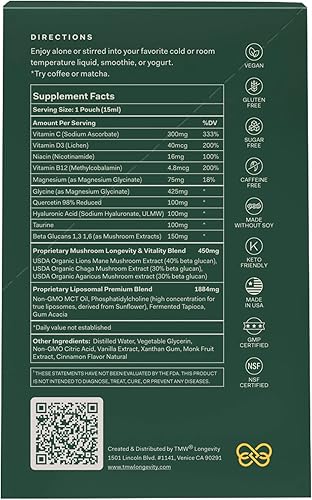 Miniatura 4 de Essential Longevity - Pila 100% liposomal 15 en uno. Precursor NAD+ Nicotinamida, Quercetina, C, D3, B12, glicinato de magnesio, melena de leones,