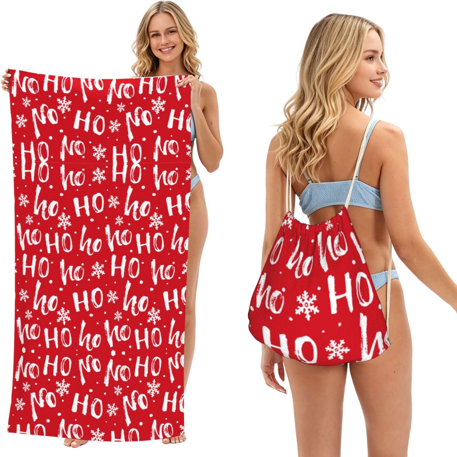 ESNAIUVCD Christmas Background Print Beach Towel For Adults,Towel With Drawstring Bag, Travel Pool Swimming Sports Shower Sand Free Quick Dry Bath Towel For Pool, Beach, Yoga- 180x60cm