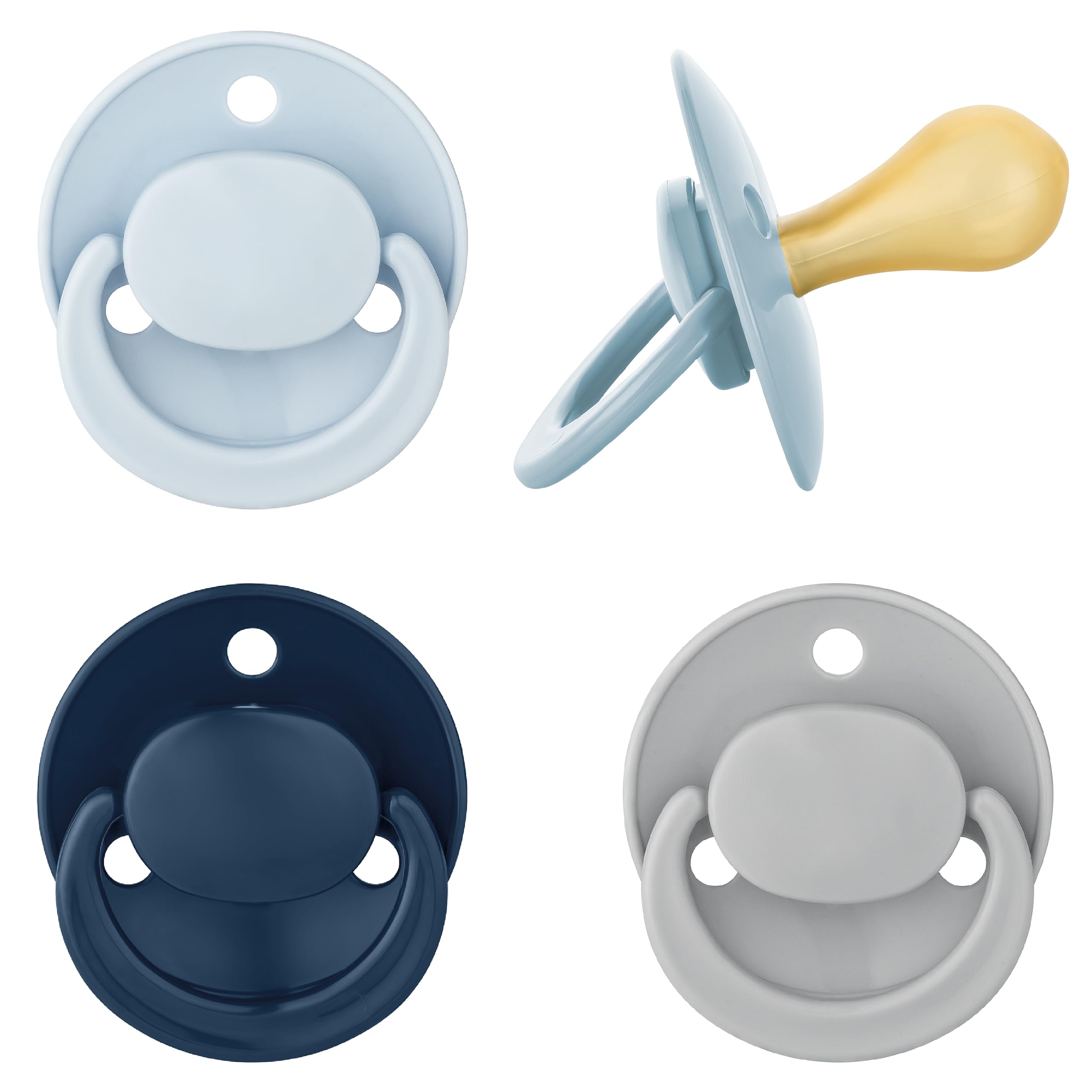 babynova Latex Baby Schnuller 4er-Set mit Kirschform – Für Babys von 6-24 Monate - Nuckel aus Naturkautschuk – BPA-frei – Made in Germany - Blau & Grau