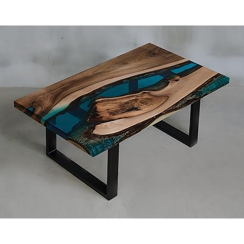 Live Edge Coffee Table, Walnut Wood with Blue Epoxy Resin River, Black Metal Base (32" X 20" in)