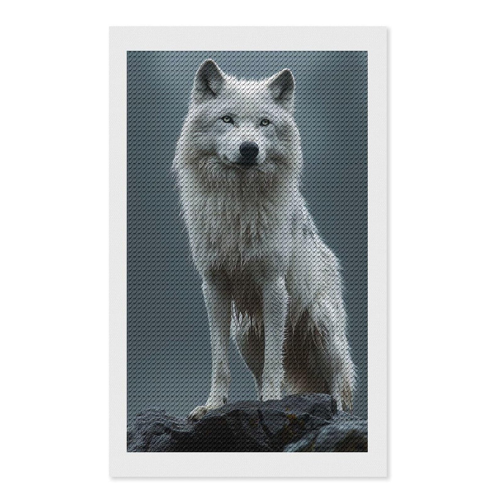 Junmoney Majestic White Wolf Portrait Diamond Art Kit 12"x20", Modern Decor, Farmhouse Decor, Home Wall Art, Festive Craft Gift, Handmade Wall Decor