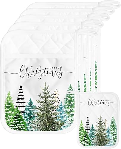 Forest Christmas Tree 4Pcs Pot Holders for Kitchen, Non Slip & Heat Insulation Terry Cloth Potholder Set with Pocket, Thick Hot Pad Oven Mitts