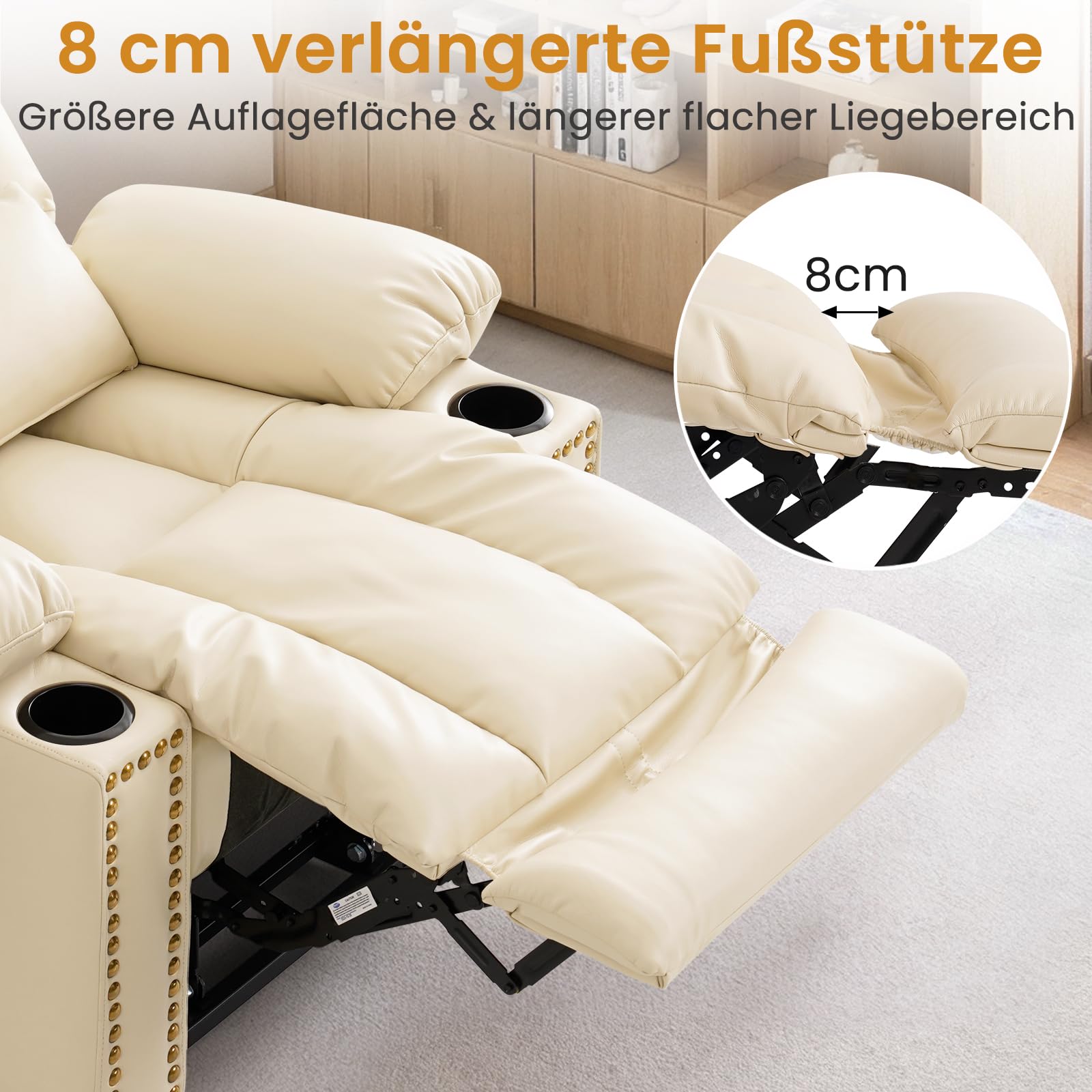 DUANDUAN 2 Motoren Relaxsessel Elektrisch mit Liegefunktion, Massagesessel Fernsehsessel mit Aufstehhilfe, 180° Verstellbar, Beige